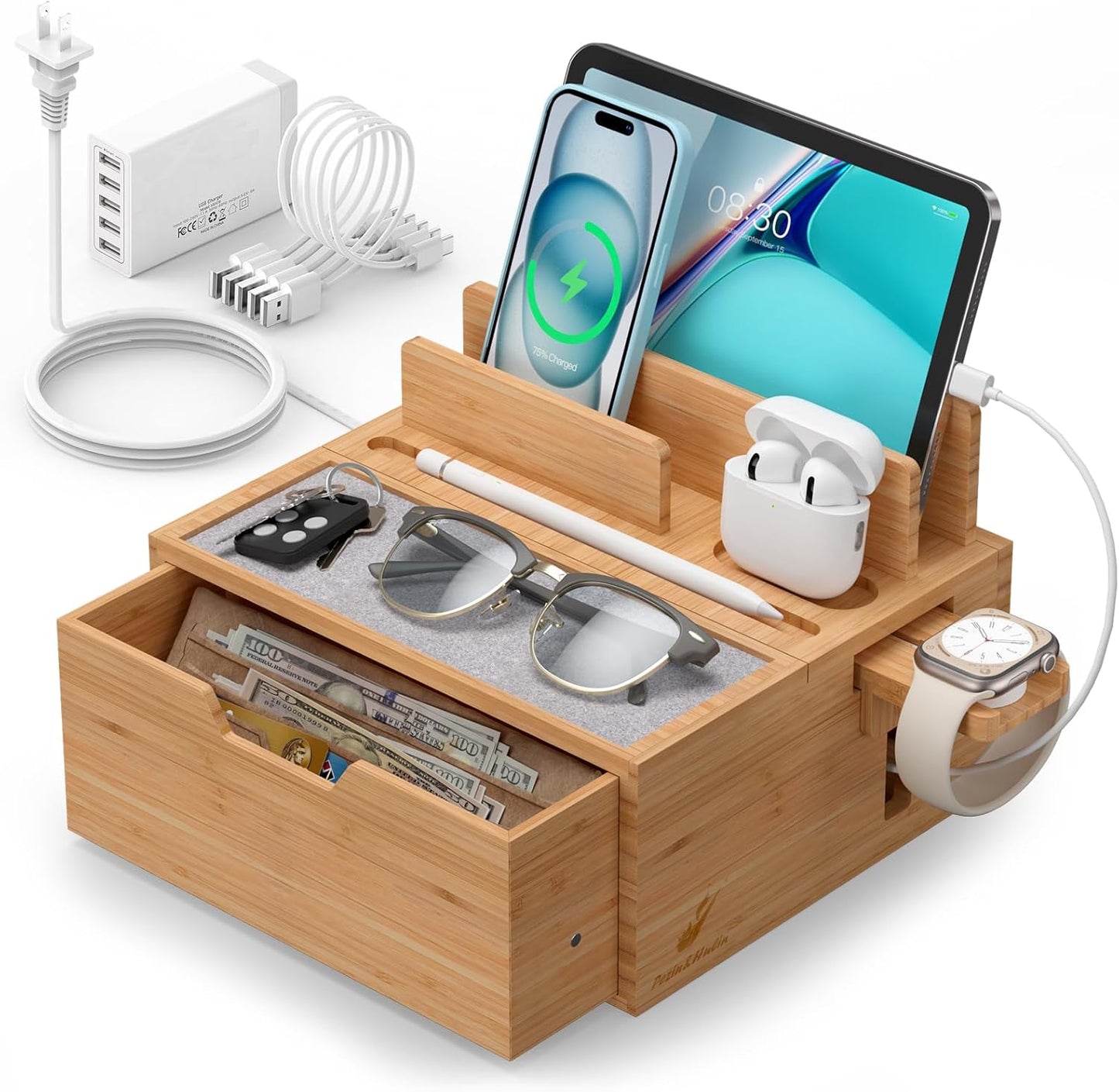 Pezin & Hulin Bamboo Charging Station for Multi Device with 5 USB Charger HUB, Phone Docking Station with Lined Tray & Drawer(Include 5 Charger Cables)-Black