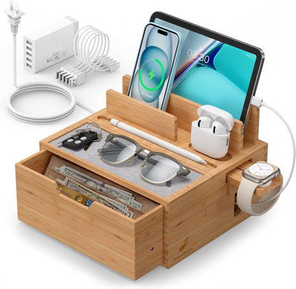 Pezin & Hulin Bamboo Charging Station for Multi Device with 5 USB Charger HUB, Phone Docking Station with Lined Tray & Drawer(Include 5 Charger Cables)-Black
