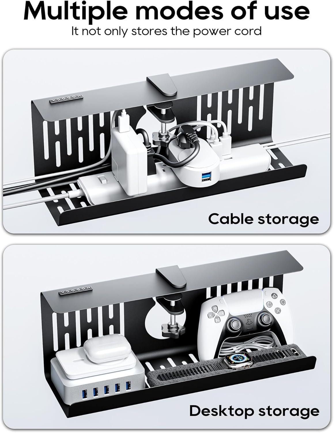NODOCA No Drill Under Desk Cable Management Tray, 14'' Wire Management, Punch-Free Clamp on, Metal Cable Tray, Wire Organizer Under Desk, Under Desk Basket for Office and Home, Black