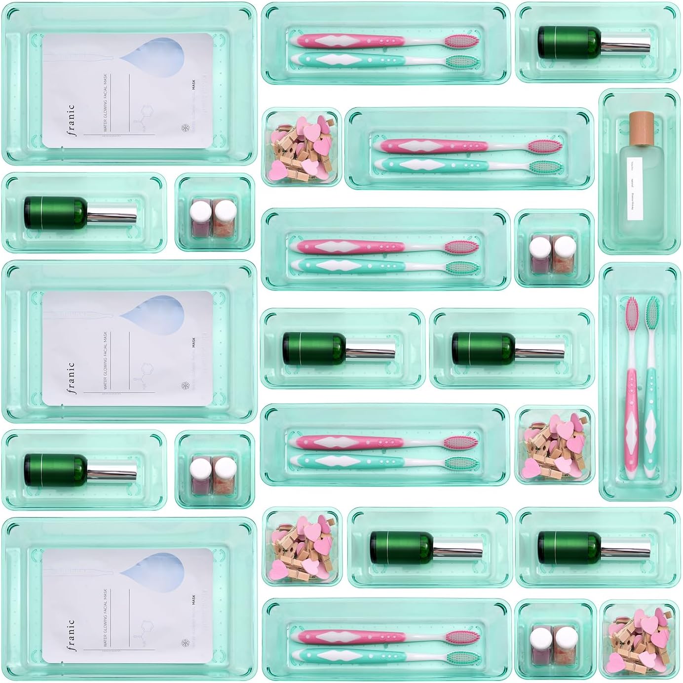 Clear Acrylic Drawer Organizers Set Storage for Makeup, Office Desk Small Vanity Trays for Drawer Bathroom Plastic Make up Organizers 25 Pcs