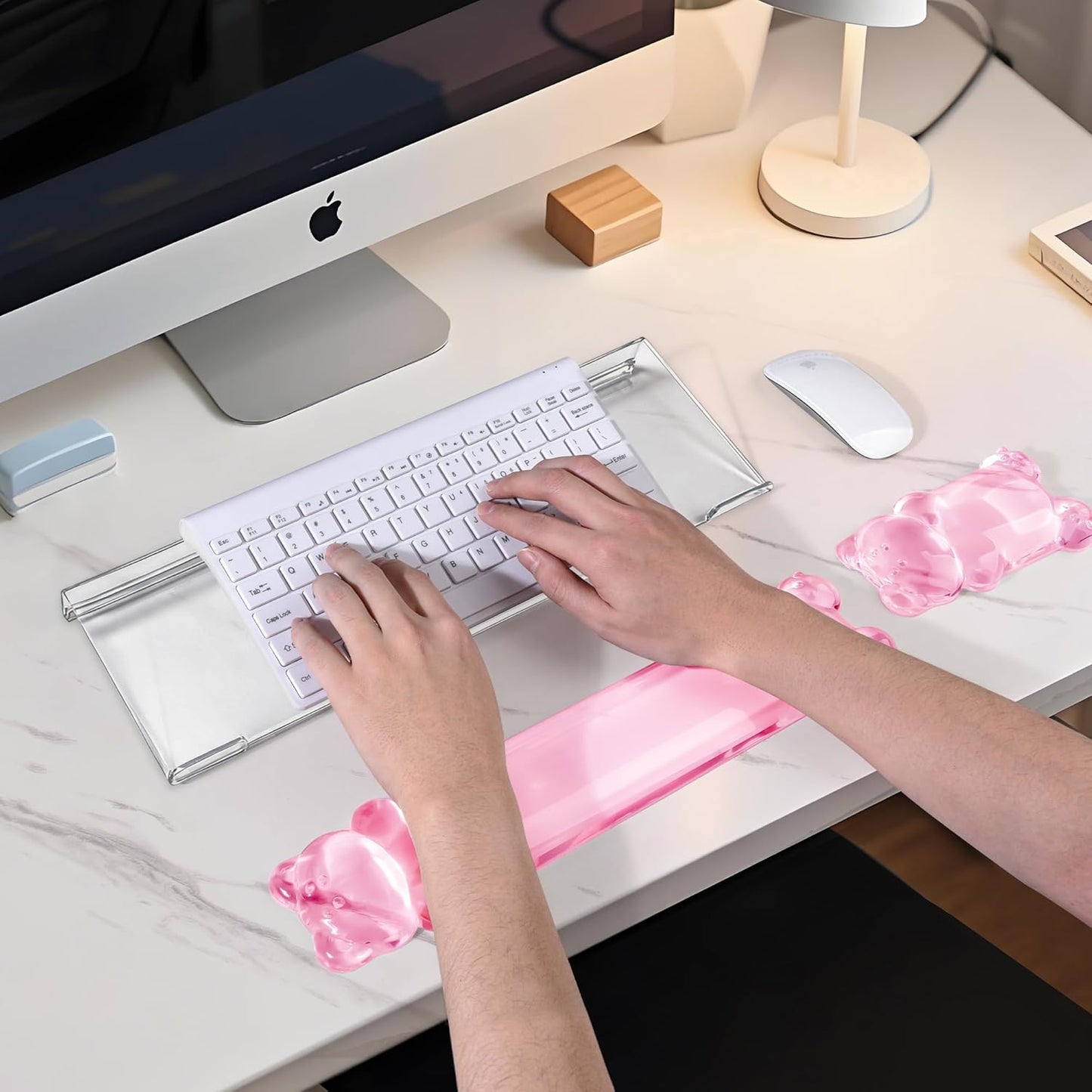 16.9inch Computer Keyboard Stand for Desktop, Gel Keyboard Wrist Rest Set for Ergonomic Typing, Comfort & Support for Office, Work, Gaming (Cute White Bear)