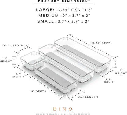 BINO | 4-Piece Drawer Organizer Bin Set - Grey, Small | THE MODULAR+ | Multi-Purpose Storage | Soft-Grip Lining and Non-Slip Rubber Feet | Durable | BPA-Free | Desk Drawer Organizer | Vanity