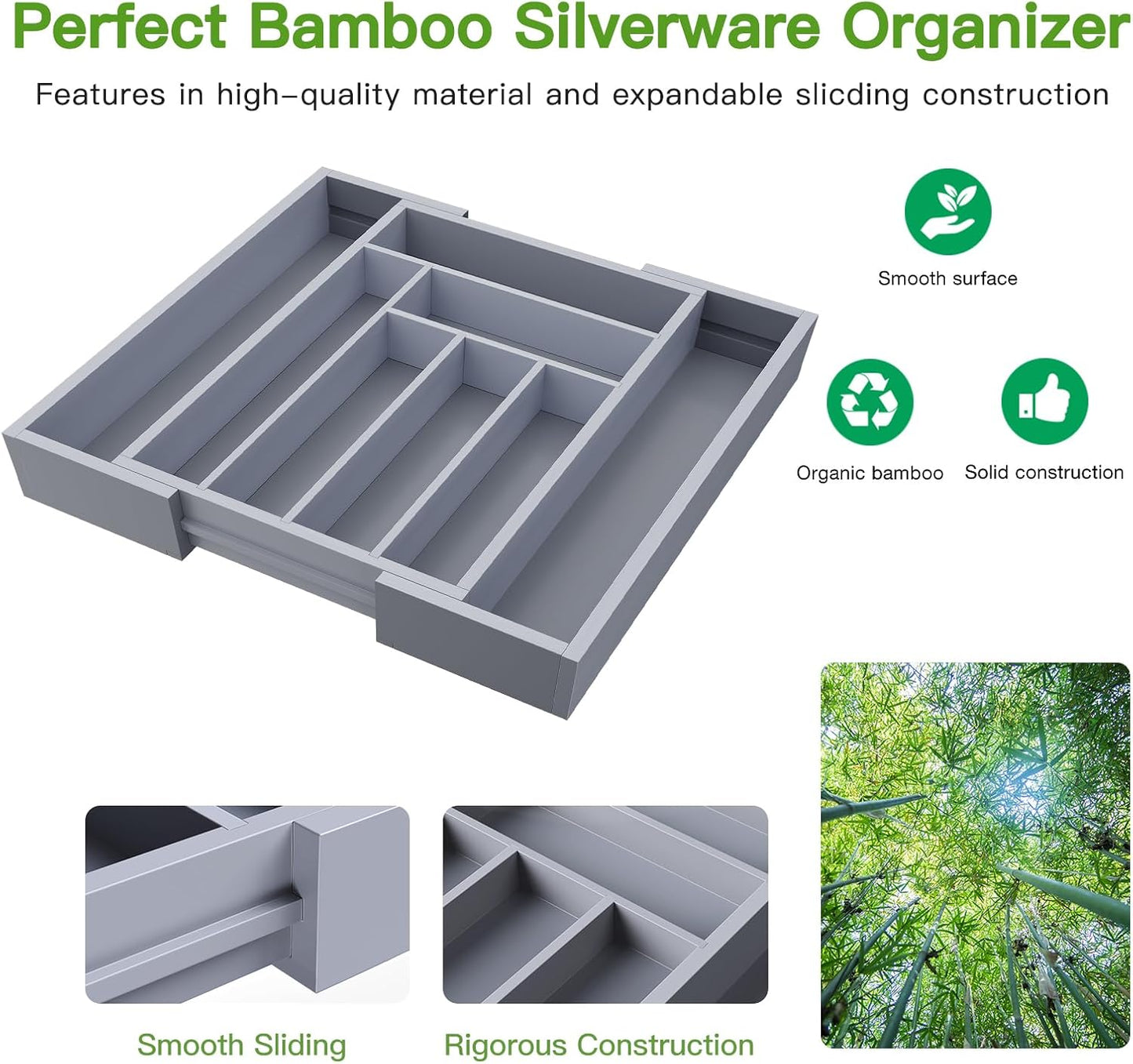 Pipishell Bamboo Expandable Silverware Drawer Organizer, Adjustable Kitchen Utensil Tray for Forks, Spoons and Knives, Wood Storage Cutlery Holder for Bedroom and Living Room