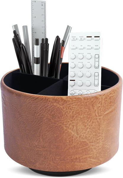 Hennaja Round Leather Art Supply Organizer,Remote Control Holder,360 Degree Rotating,Multi-Functional Pencil Holder,4 Compartments Desktop Stationary Organizer(1-Blue Bird) - Colors C