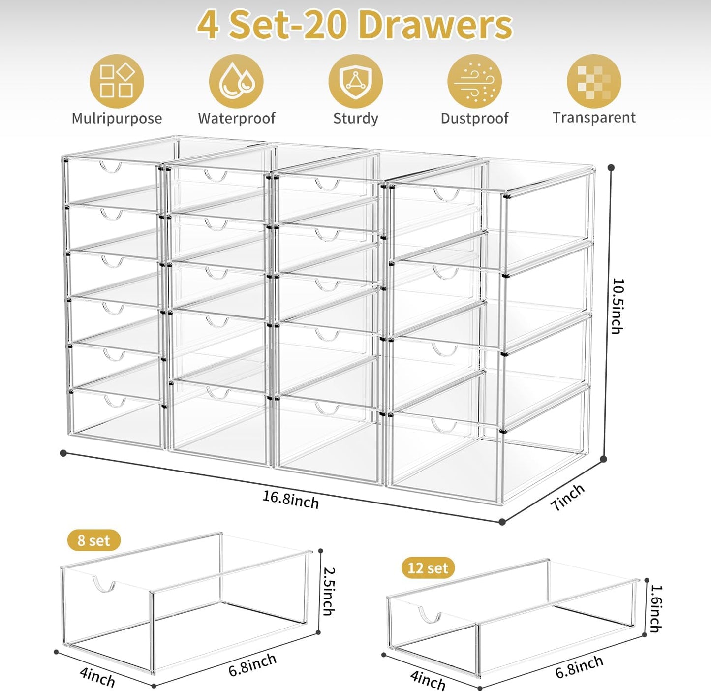 Acrylic Makeup Organizer with 20 Drawers, 4 Set Clear Storage Drawers, Acrylic Drawer Organizer and Storage for Desktop Office Supplies Make Up Pen Hair Accessories