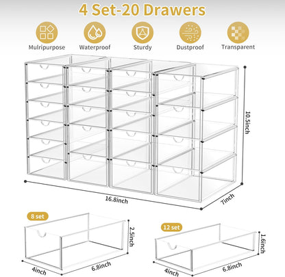 Acrylic Makeup Organizer with 20 Drawers, 4 Set Clear Storage Drawers, Acrylic Drawer Organizer and Storage for Desktop Office Supplies Make Up Pen Hair Accessories
