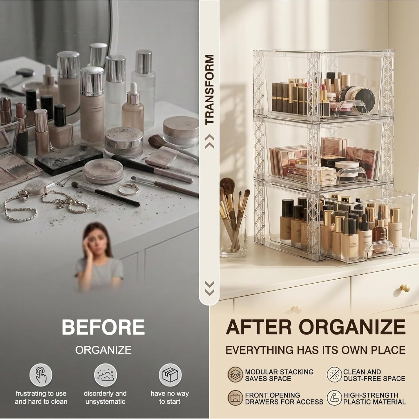 Bathroom Organizers and Storage Boxes 4pack, 7in Stackable Storage Drawers Plastic Simply Assembled Containers Bins Suitable for Cosmetics, Bathroom, Kitchen, Cabinets, and Snack Storage Boxes