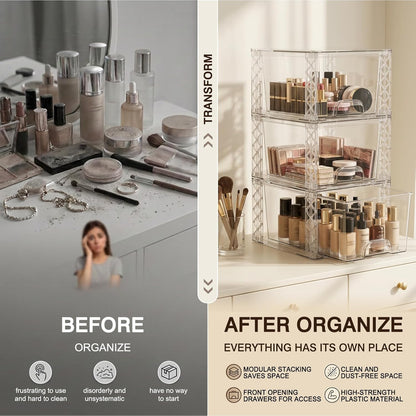 Bathroom Organizers and Storage Boxes 4pack, 7in Stackable Storage Drawers Plastic Simply Assembled Containers Bins Suitable for Cosmetics, Bathroom, Kitchen, Cabinets, and Snack Storage Boxes