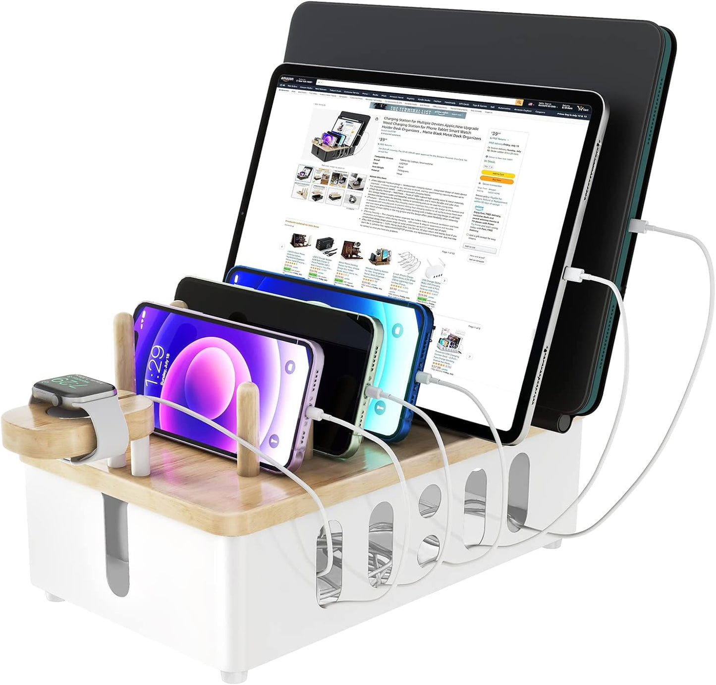 Metal Charging Station for Multiple Devices,New Upgrade Wood Charging Station for Phone Tablet Smart Watch Holder Desk Organizers，Matte Black Dock Device Organizer