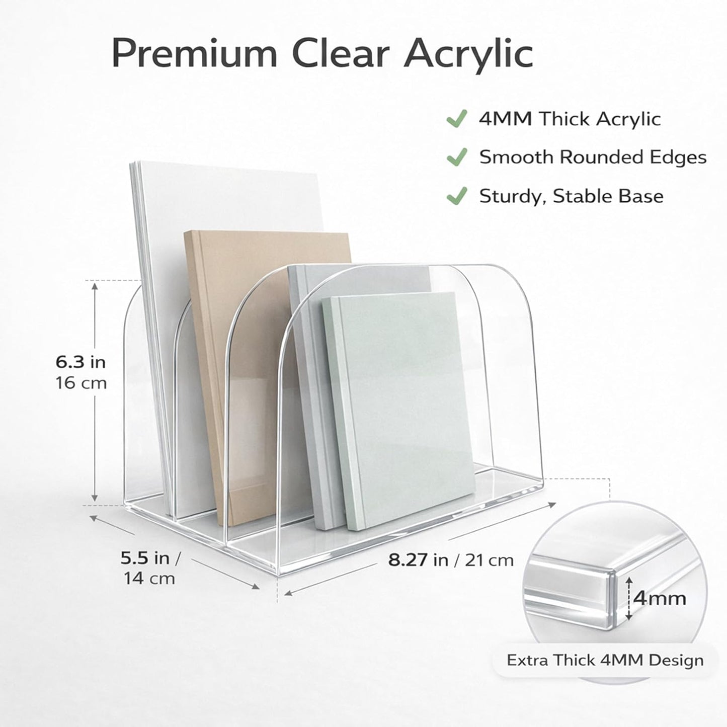 Acrylic File Organizer for Desk, German-Standard Cast PMMA, Polished Edges, Heat-Bent Design—Clear & Stable for Long-Term Use: Home Office, Students, Family Files, Mail & Makeup