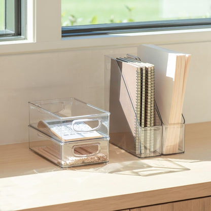 mDesign Plastic Office Supply Organizer - Storage Holder Bin with Handles for Desk Drawer, Cabinet - Pencil, Pen, Envelope and Supplies Container Basket - Ligne Collection - 2 Pack - Clear