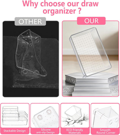 Clear Drawer Organizers Set of 13, 5-Size Vanity Organizer Trays, Stackable Bathroom & Desk Drawer Organizer for Makeup, Jewelry, Kitchen Utensils, Office Supplies and Small Gadgets Storage