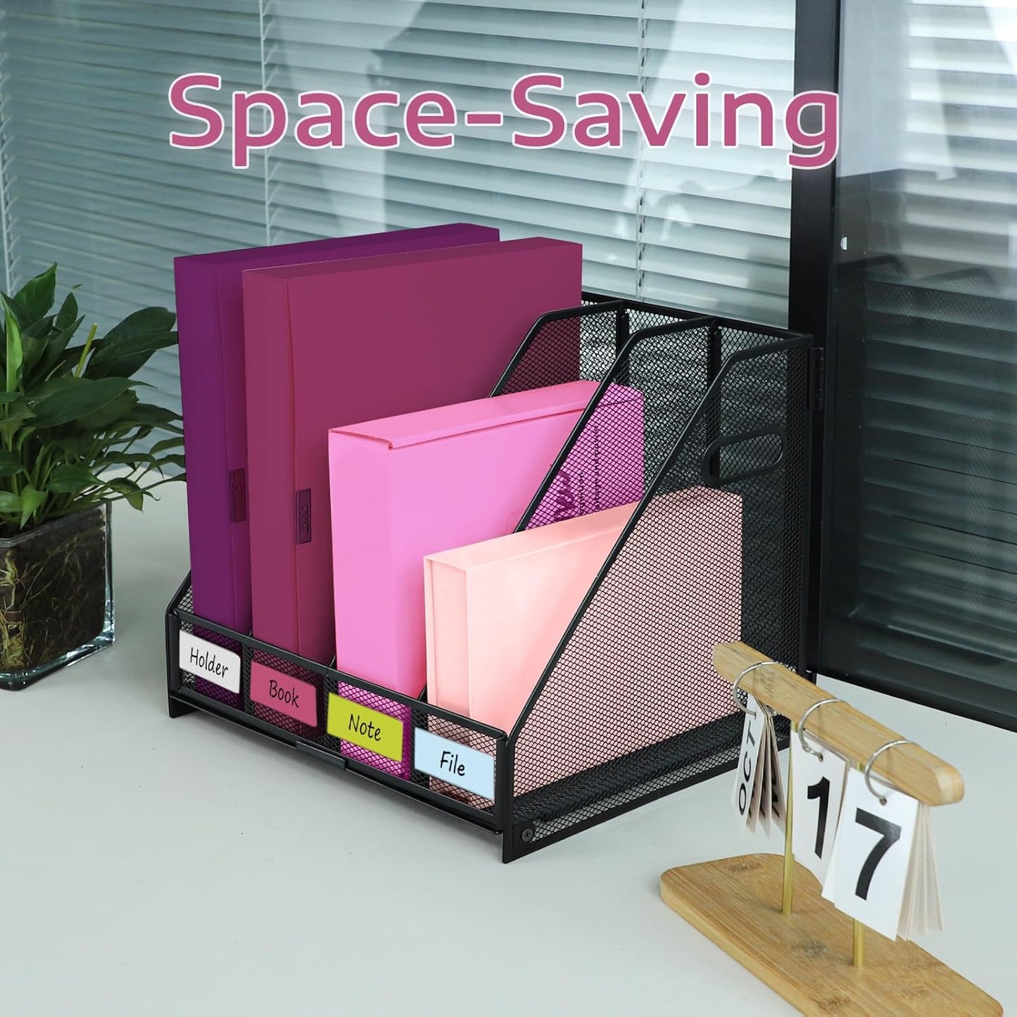 Desk Organizers, Metal Magazine File Holder with 5 Vertical Compartments Rack Binder File Organizer for Office Supplies, Home Workspace - Black