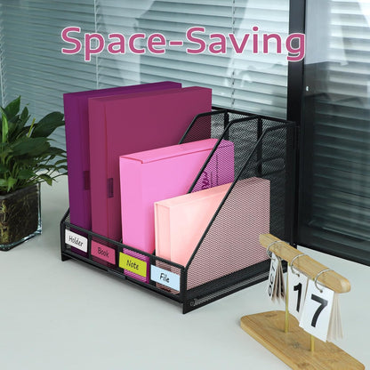 Desk Organizers, Metal Magazine File Holder with 5 Vertical Compartments Rack Binder File Organizer for Office Supplies, Home Workspace - Black
