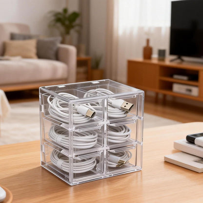 Cable Management Box 3 Layer 6 Compartment PP Material Cable Organizers for Desk Clear Cord Organizer with 118in Hook and Loop Tape Charger Organizer Electronics Travel Case for Home Office