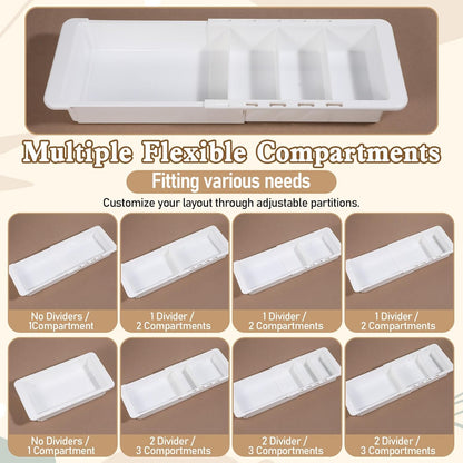 2Pcs Expandable Sliding Drawer Tray with Adjustable Dividers, White Plastic Deep Desk Drawer Dividers Organizers Expandable 11.4 to 18.1 Inches For Utensils Office Bathroom Bedroom Kitchen