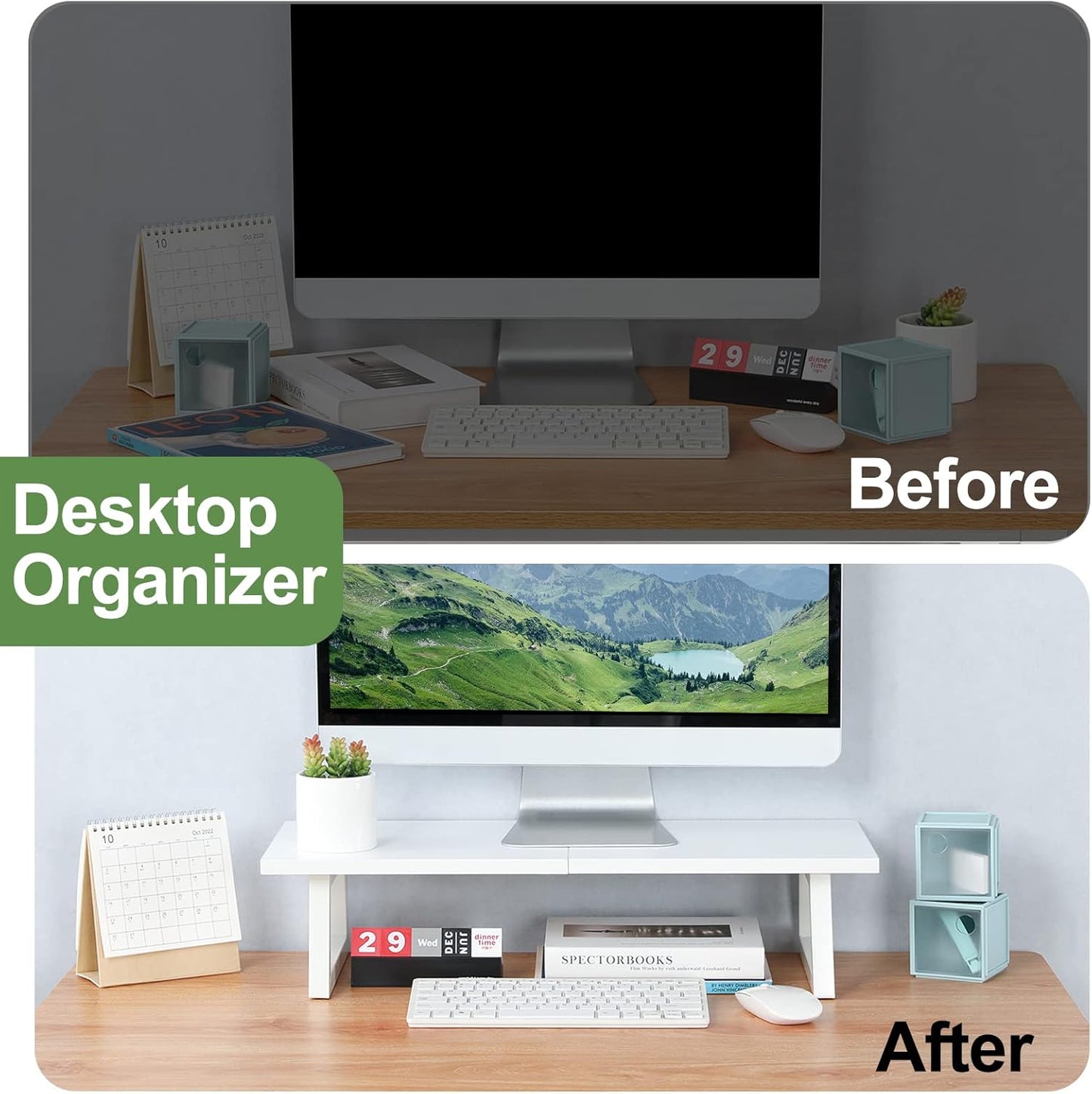 TEAMIX 24 inch Monitor Stand Riser, Black Wood & Steel Computer Monitor Stand with Storage, Laptop, PC, Printer Stand Riser for Desktop Office Desk Organizers