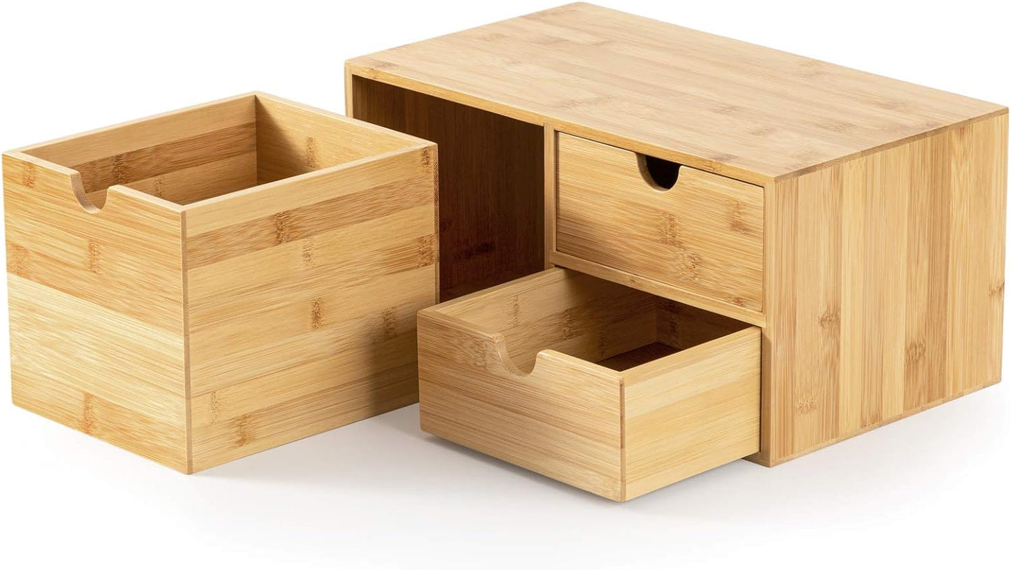 Wisuce Bamboo Desk Drawer Organizer, Desktop Organizer with Drawers Tabletop Storage Organization Box for Office Home Toiletries Supplies Vanity, No Assembly Required(3 Drawers-left right)