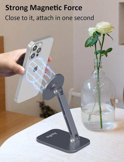 Aoviho Magnetic Phone Stand for MagSafe Adjustable - Aluminum Portable Phone Holder for Desk with 360° Rotating Head Compatible with iPhone 16/15/14/13/12 Pro Max and Magnetic Phone Case, Silver