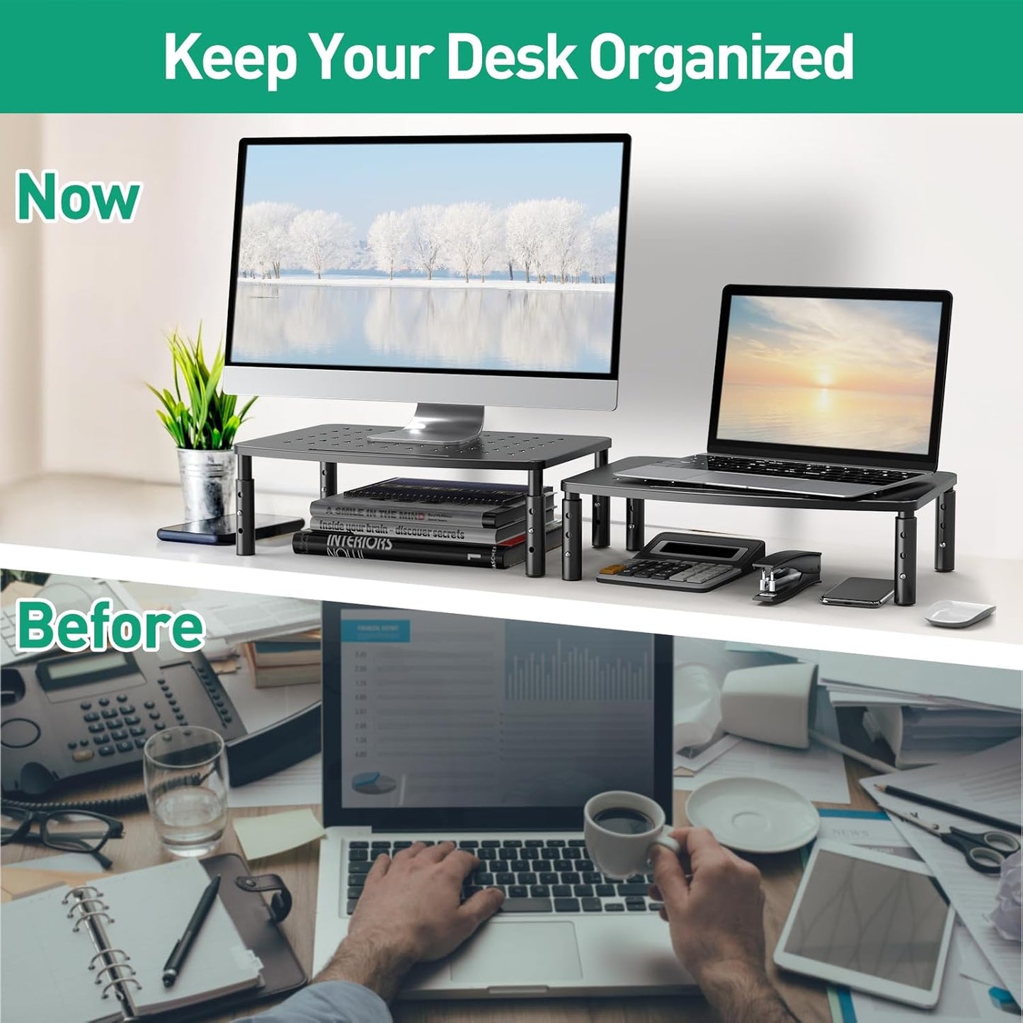 Zimilar 2 Pack Monitor Stands, 3 Height Adjustable Riser for Laptop, Printer, iMac, PC, Premium Metal Stand for 2 Monitors