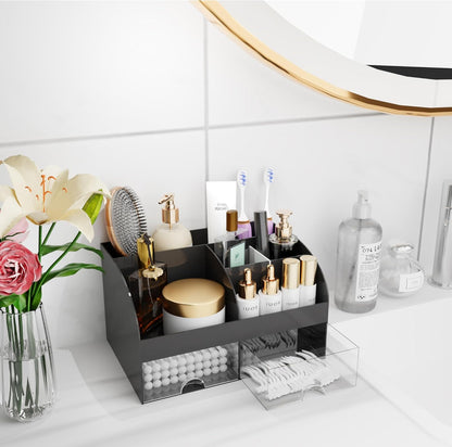 Makeup Organizer with Drawers, Cosmetic Storage for Dresser Vanity and Bathroom Countertop, Beauty Holder for Lipstick Brush, Skincare Organizer for Vanity, Cosmetic Display Case (White)