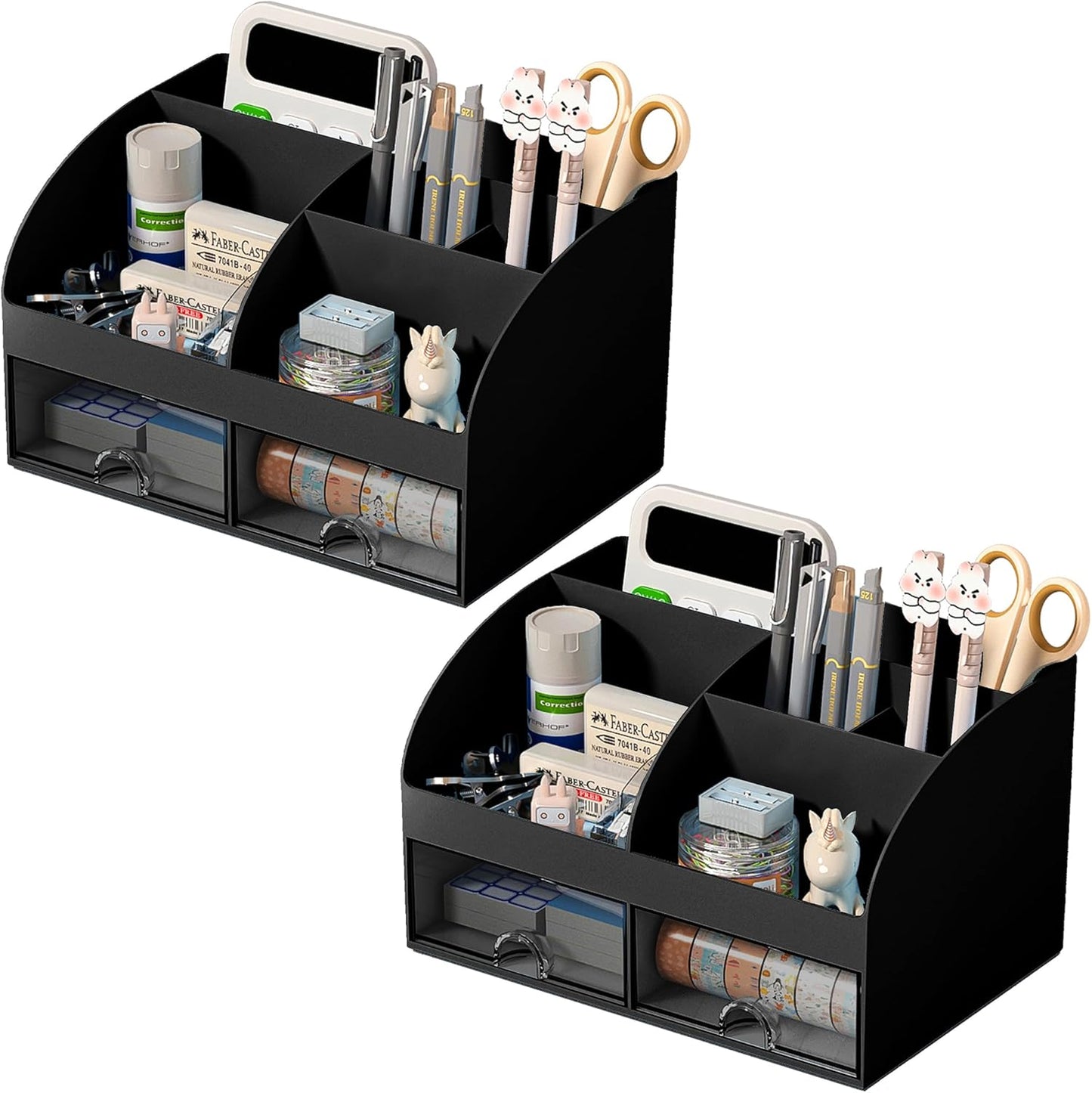 COMFYROOM Desk Organizer with 6 Compartments and 2 Drawers, Plastic Makeup Organizer, Pen Holder for Desktop Storage, Desk Organization for School, Home, Office Supplies (White)