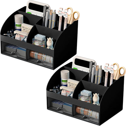 COMFYROOM Desk Organizer with 6 Compartments and 2 Drawers, Plastic Makeup Organizer, Pen Holder for Desktop Storage, Desk Organization for School, Home, Office Supplies (White)