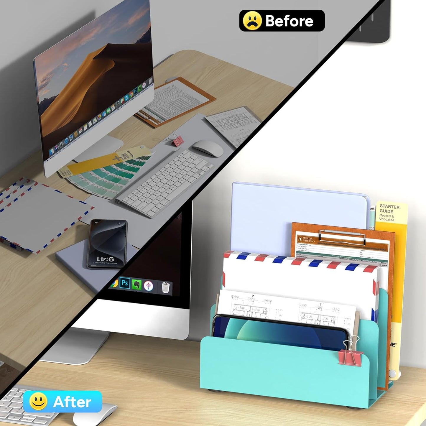 Mail Organizer Countertop, Small Desk File Organizer, Metal File Holder - Essential Workspace Organizers for Office Desk, Home Office (Black)