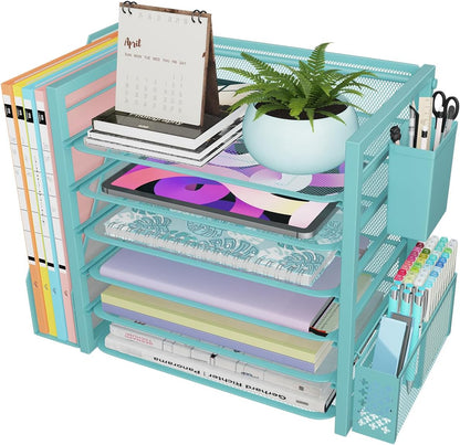 Simple Trending 6 Tier Desk File Organizer, Paper Letter Tray Organizer with File Holder and Pen Container, Black