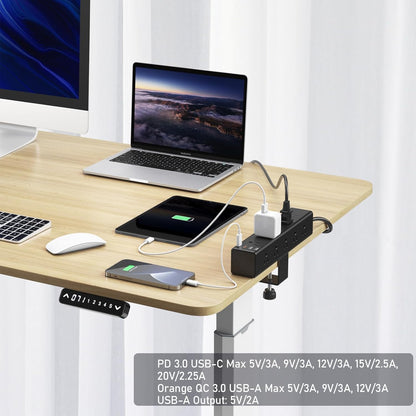 CCCEI Standing Desk Clamp Power Strip with 15 Outlets, Widely Spaced Desktop Edge Mount Surge Protector Outlet, Fast Charging USB-A and USB-C Ports, 6 FT Flat Plug, Black Fit 1.6 inch Table top.