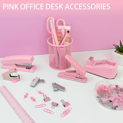 Purple Desk Accessories, 17Pcs Purple Office Supplies Set with Stapler, Mesh Desk Organizer, Tape Dispenser, Staple Remover, Pen Holder, Clips, Pens, Ruler, for Office Home School Women Students Gift
