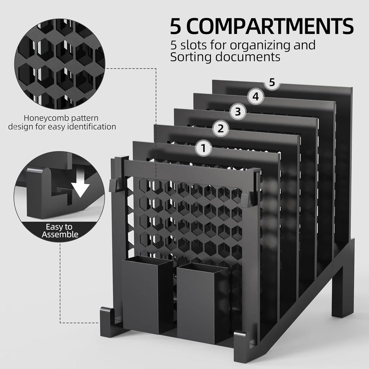 File Organizer for Desk with Storage Box & Hook, Inclined Desk File Organizer with 5-Section Vertical File Holder Suitable for Home Office Document Organization (Black)