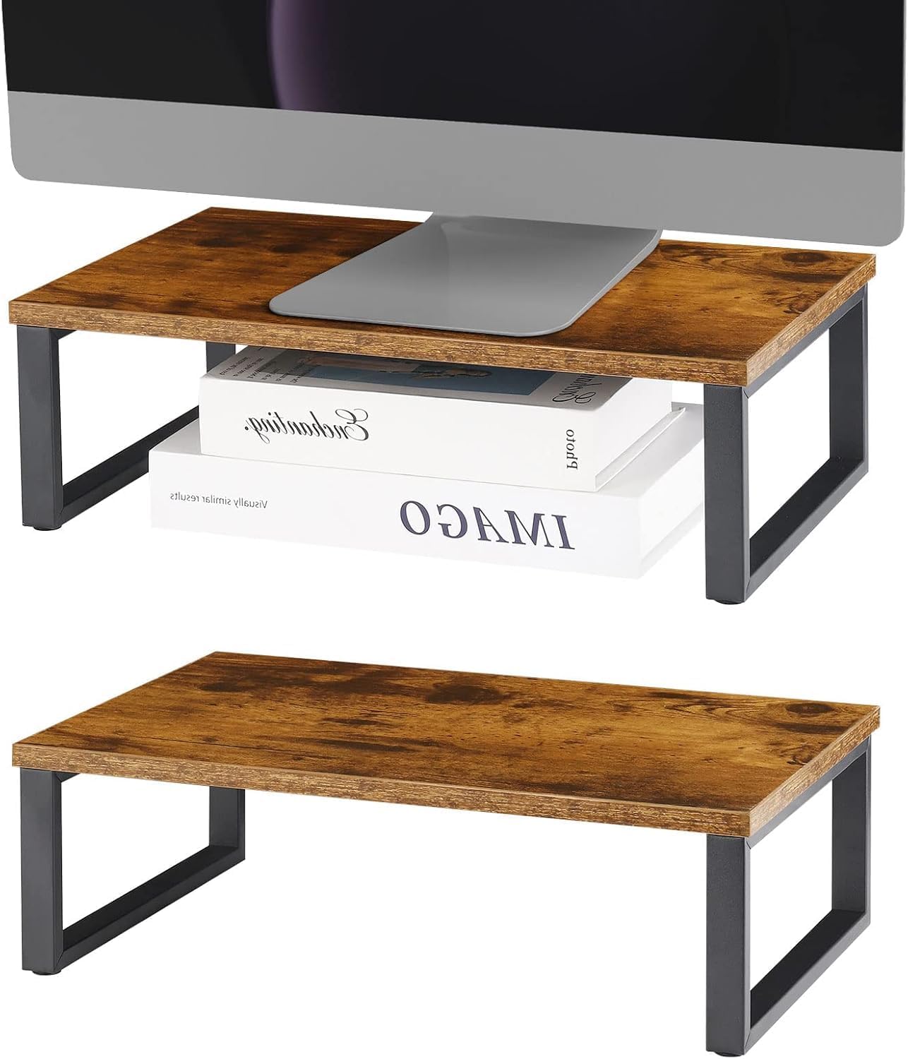 NORCEESAN 2 Pack Monitor Stand Riser Wood Desk Shelf with Storage, Laptop Stand Riser Computer Stand for Desk Shelf Organizer Desktop Printer Table for PC Laptop Fax Monitor Lift, Black