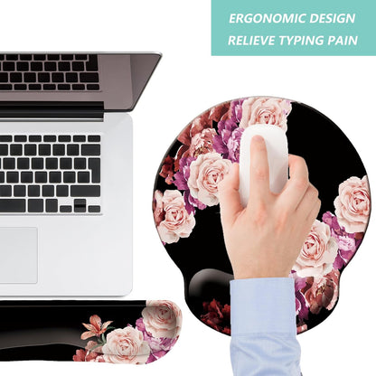 Keyboard Wrist Rest Pad Mouse Pad with Wrist Support Set of 3, Mousepad with Non-Slip Rubber Base, Ergonomic Memory Foam Mouse Wrist Cushion Support for Home Office Laptop Computer, Flower Black