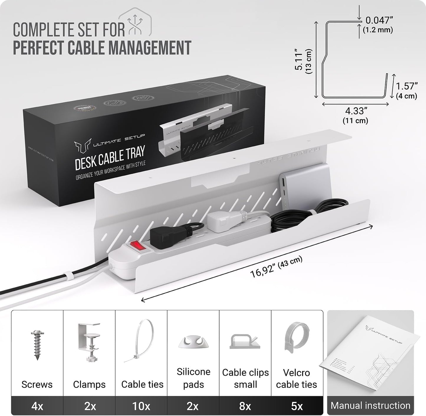 Under Desk Cable Management Tray no Drill – Wire Management - Cord Organizer – Huge Load Capacity – Under Desk Cable Tray no Drill (Black, 2 Pieces Set)