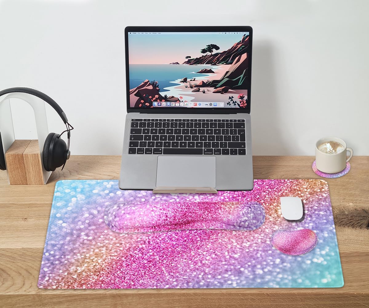 4-in-1 Large Mouse Pad, Keyboard Wrist Rest Pad & Wrist Support Mousepad Set, Extended Desk Pad Waterproof Desk Mat for Home Office Study Game
