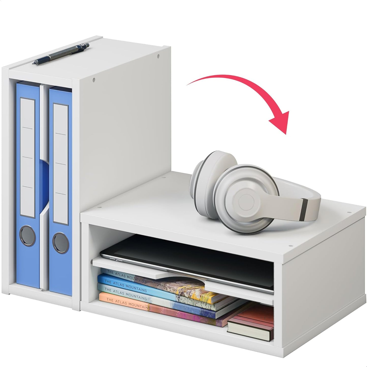 Ballucci File Organizer, 2-Tier Document Paper Sorter, Stackable Wood Desk Organizer Mail Holder, Monitor Stand with Storage Shelves, White