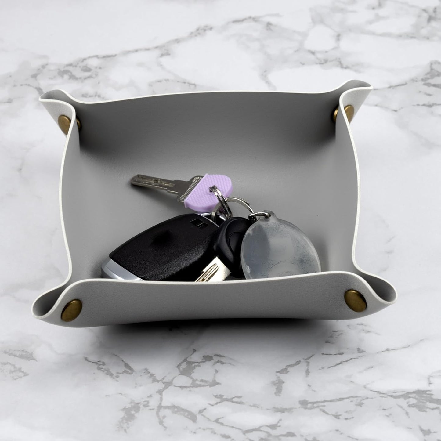 Decorative Foldable Valet Tray Artificial Leather Catchall Holder Small Desk Table Organizer Tray for Jewelry, Keys, Watches, Coins (Light Gray)