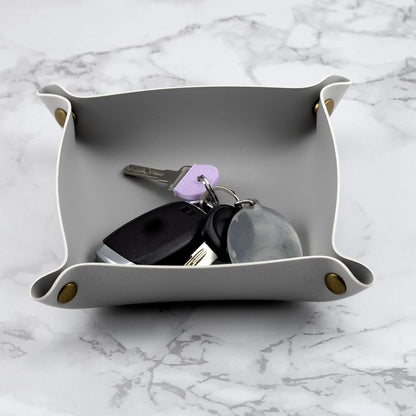 Decorative Foldable Valet Tray Artificial Leather Catchall Holder Small Desk Table Organizer Tray for Jewelry, Keys, Watches, Coins (Light Gray)