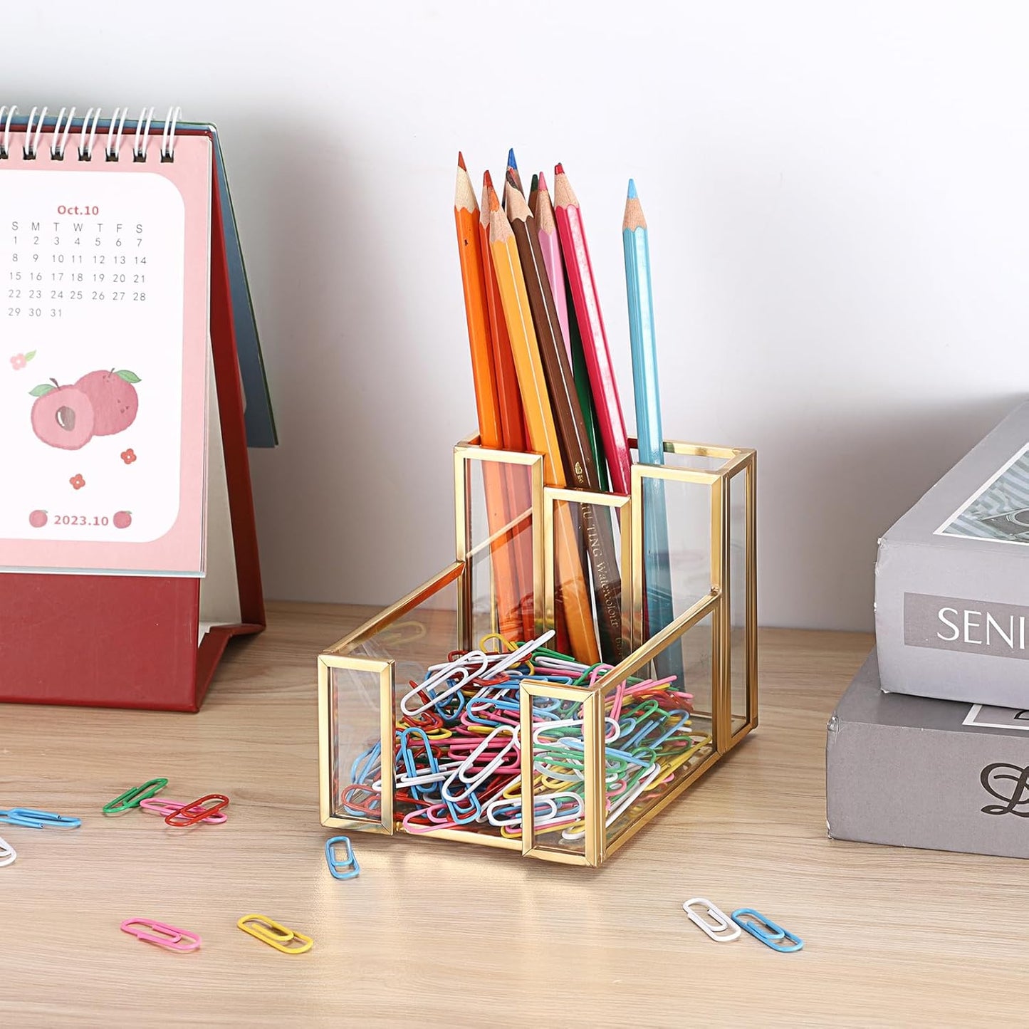 BTSKY Golden Glass 3x3 Inch Sticky Note Holder with Pen Slot, Elegant Post It Note Dispenser with Non-Slip Pads Clear Notepad Holder for Desk Organization Planning, Home Office Decor