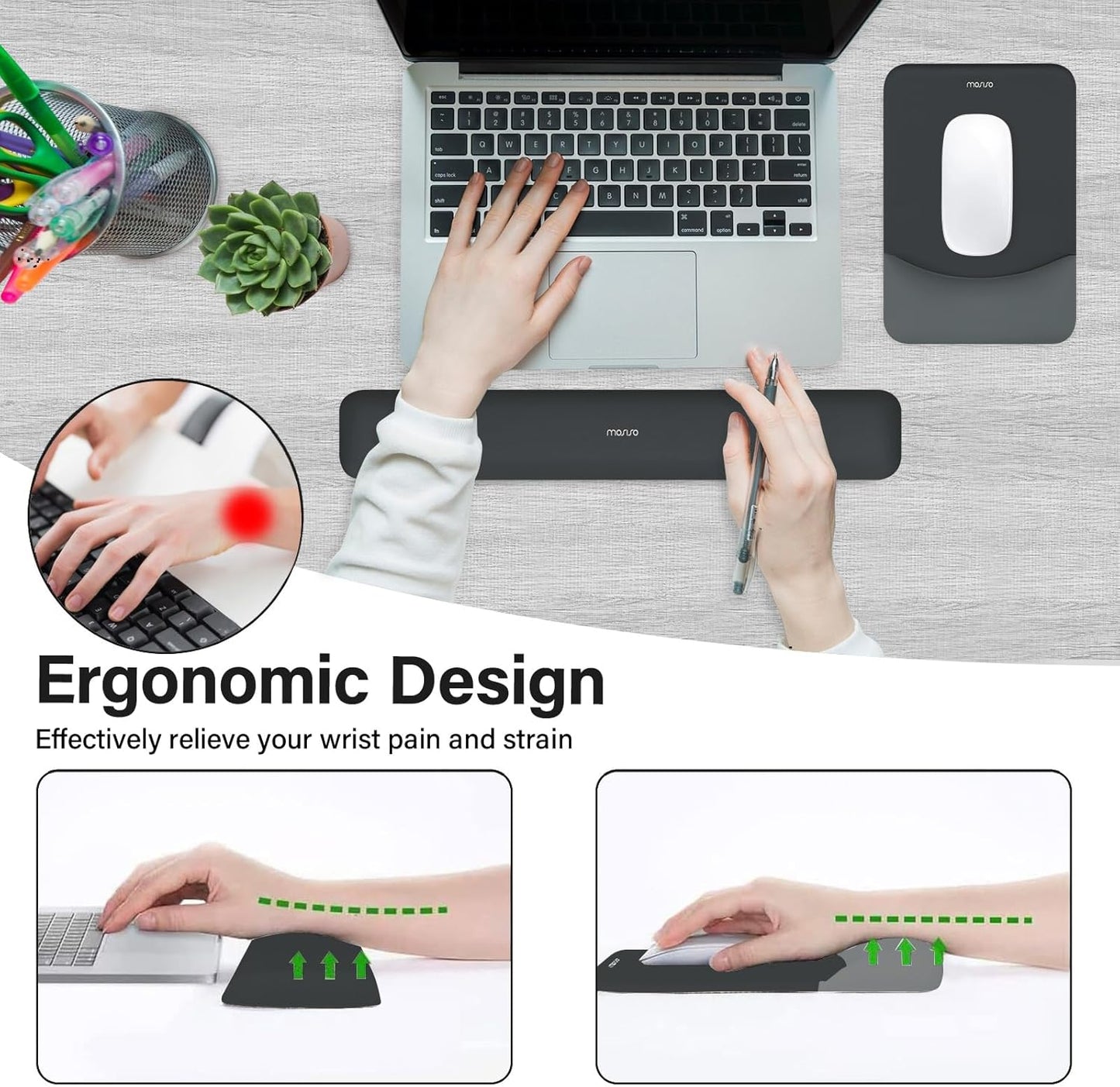 MOSISO Wrist Rest Support for Mouse Pad&Keyboard Set, Rectangular Ergonomic Mousepad Non-Slip Base Home/Office Pain Relief&Easy Typing Pad with Neoprene Cloth&Raised Silicone Lining, Green