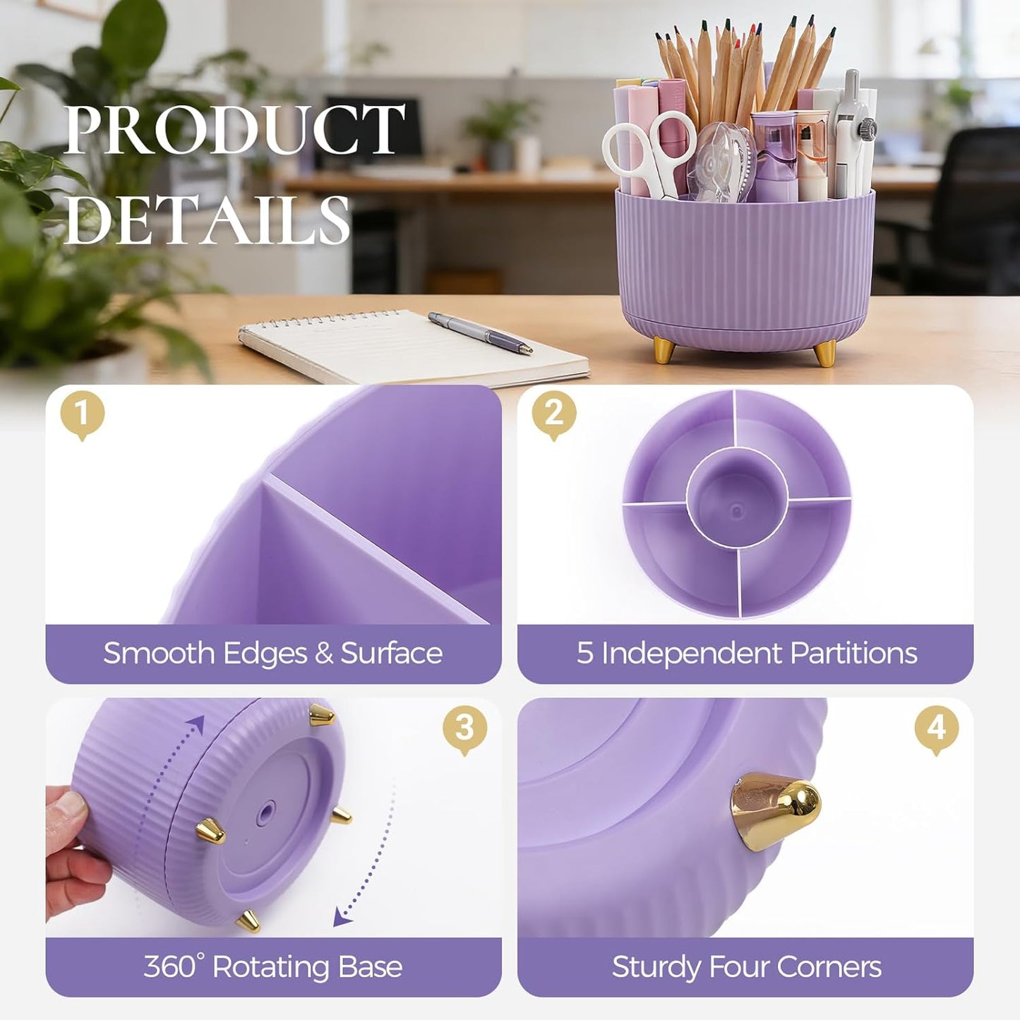 KONVINIT Pencil Pen Holder for Desk, 5 Slots 360 - Degree Rotating Desktop Organizer, Cute Desk Organizers and Accessories for School, Home, Office and Art Supply, Beige