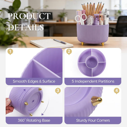 KONVINIT Pencil Pen Holder for Desk, 5 Slots 360 - Degree Rotating Desktop Organizer, Cute Desk Organizers and Accessories for School, Home, Office and Art Supply, Beige