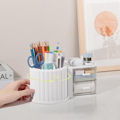 Anyoifax 360° Rotating Pen Holder 7 Slots Desk Organizer Removable Pencil Cup Plastic Art Supplies and Accessories Desktop Storage Box Caddy for Office, School, Home (White)