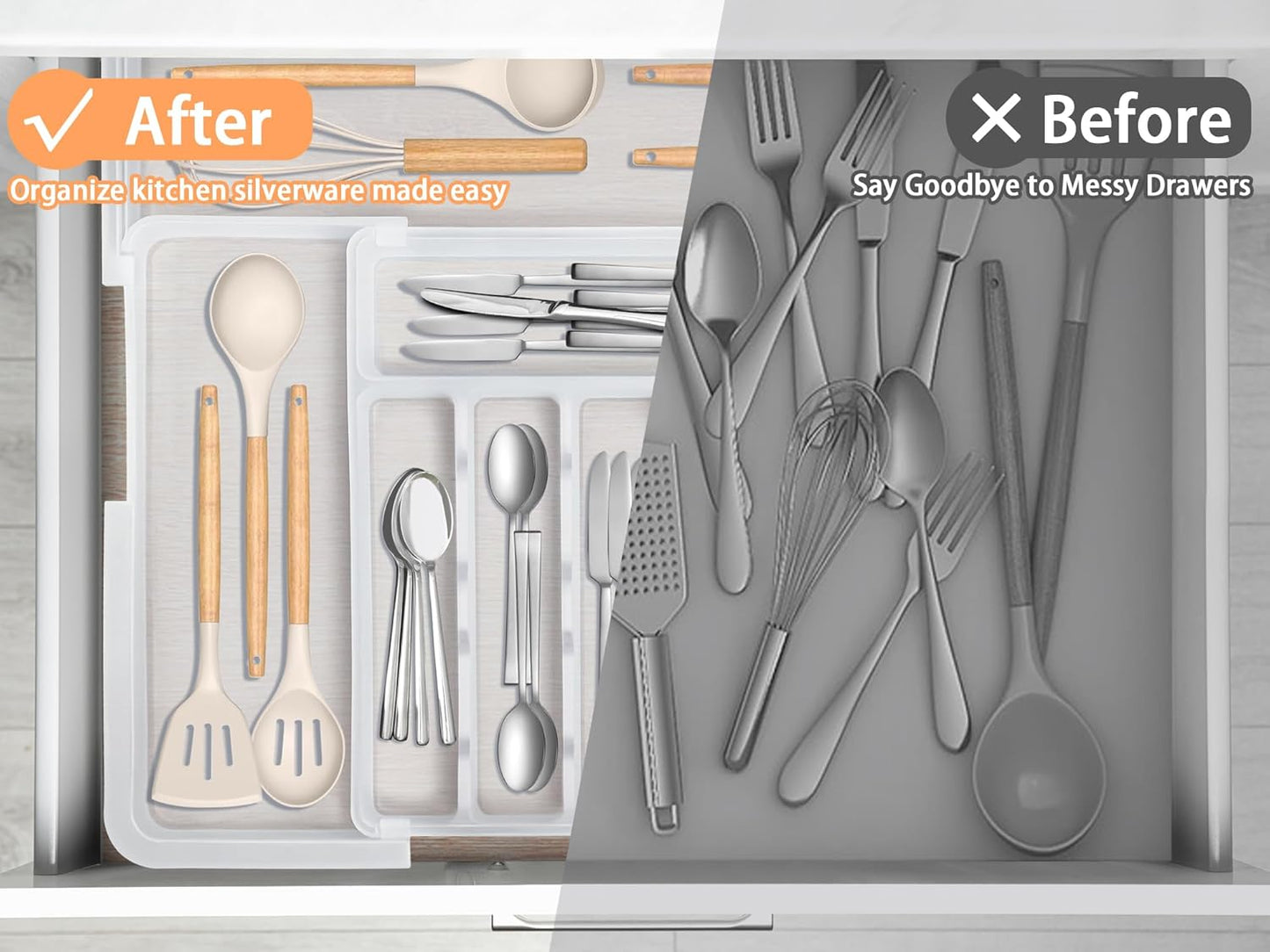 Spaclear Silverware Organizer Expandable Kitchen Utensil Drawer Organizer Large BPA Free Adjustable Cutlery Silverware Tray for Spoons Forks Knives Storage Divider for Kitchen Flatware 6-9 Slots Black
