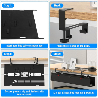 No Drill Under Desk Cable Management Tray, 28" Cord Management Tray with Cable Loop, Upgraded Oxford Fabric Wire Management for Standing Desk - No Damage to Table