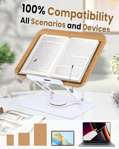 ASIEIT Desk Clamp Book Stand, Aluminum Book Holder Adjustable Height & Angle, Cookbook Stand for Kitchen, Recipe Book Holder with 360° Swivel Base, Book Stand for Reading, Office, Laptop