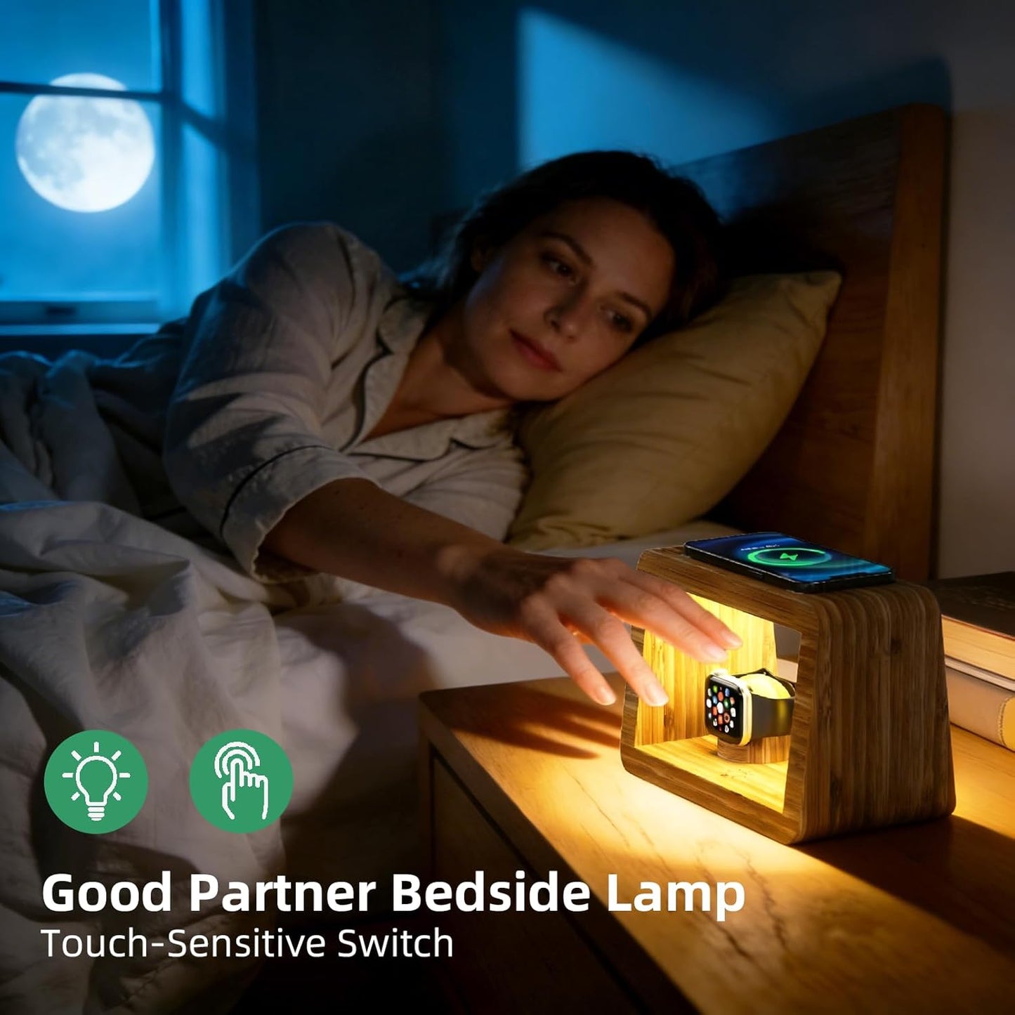 4 in 1 Bamboo Charging Station for Multiple Devices, 15W Fast Wireless Charger with Stepless Dimmable Night Light, Wood Style Dock Compatible with iPhone/iWatch/AirPods