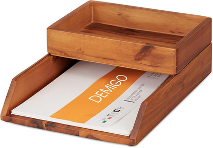 Demigo Desk Organizer Letter Tray Set of 2, Acacia Wood Tabletop Desktop for Storage Paper Letter Folders Notebooks Copy Print, Workspace Holder, Keep Stationery Saver (Brown)