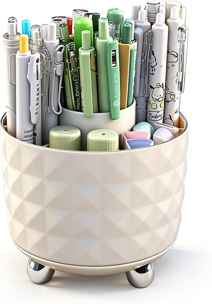 GOTOBA Dark Green Pen Pencil Holder for Desk, 360° Rotating Pen Organizer, Green Office Supplies, Cute Pen Holder, 6-Compartment Pencil Holder Rotating